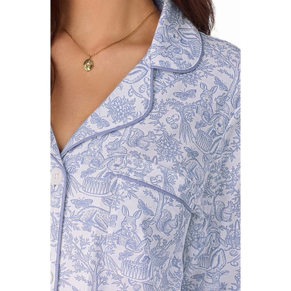 BedHead Pajamas Ivory Blue Spring Print Bunnies Top & Pants Women’s M - Picture 3 of 11